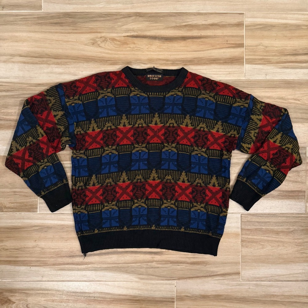 VTG Uniform Code Geometric Knit Sweater Mens Large Multicolor 90s Coogi Style